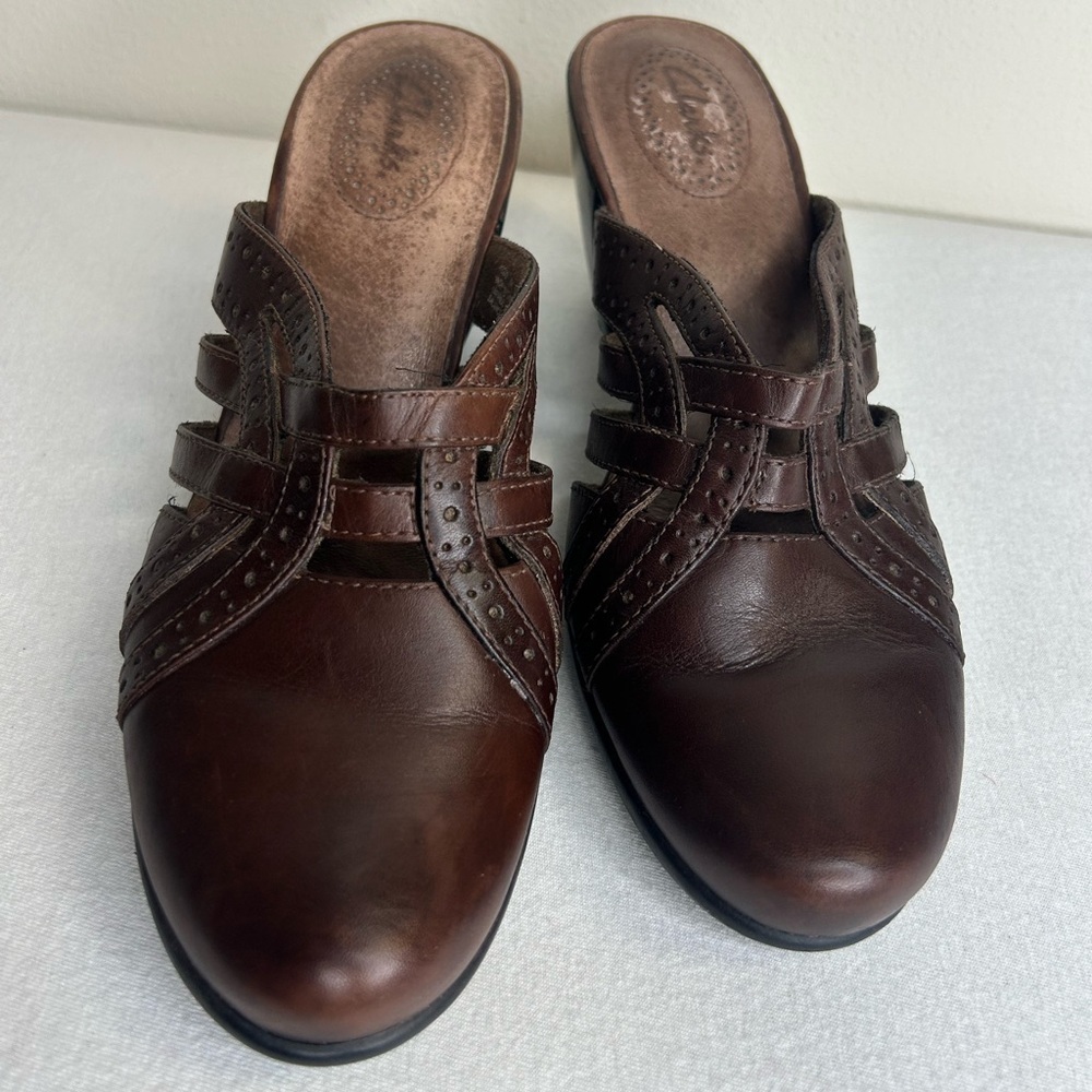 Clarks Dark Brown Leather Slip-On Clog Mules